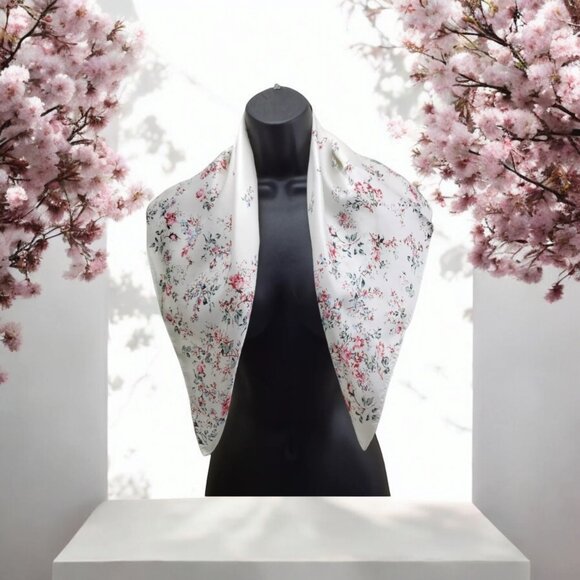 Women's Scarf Cream Red Floral Spring Scarf 27"/27" Square Polyester - Picture 2 of 11